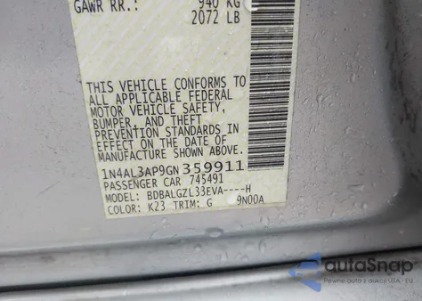 2016 Nissan Altima 2.5 S из США, поврежденный, VIN 1N4AL3AP9GN359911